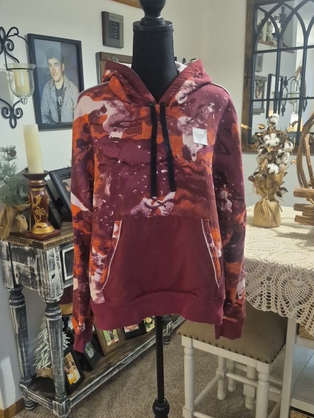 Under Armour Maroon Hoodie with Orange & Cream Abstract Print